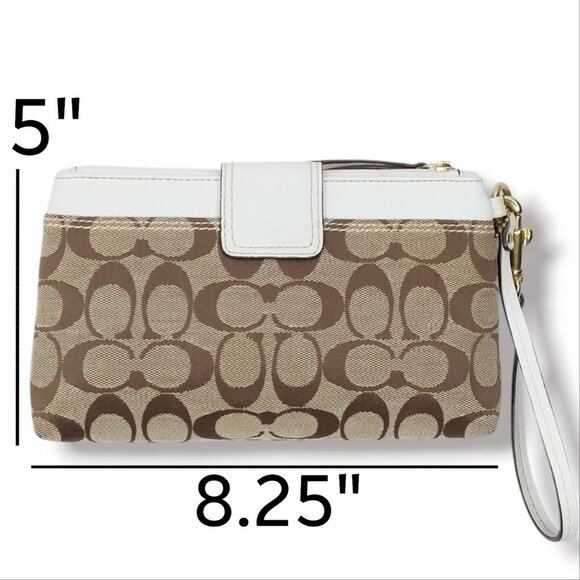 Coach Wristlet Signature Canvas Logo Brass Turnlock Beige Brown White Leather - Picture 3 of 10
